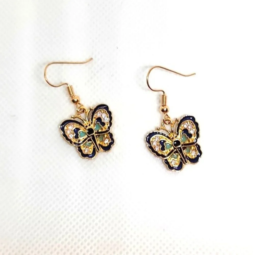 Luxe Blue Butterfly Dangle Earrings Gold Tone Luxe Sparkle Faux Stone New